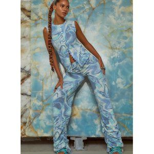 Jaded London Blue Marble Print Ruched Hem Printed Knit Joggers & matching top